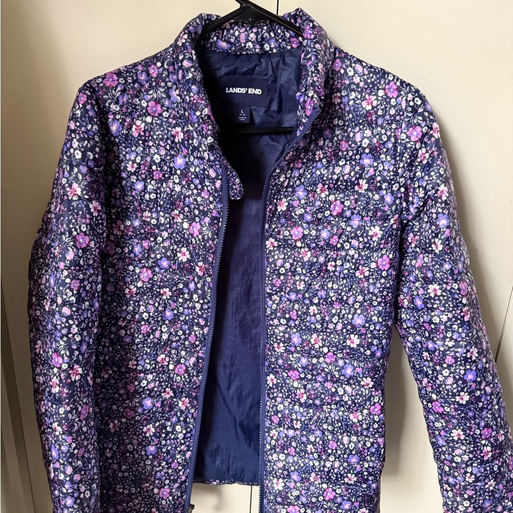 Lands' End Women's Floral Puffer Jacket - Purple and Pink
